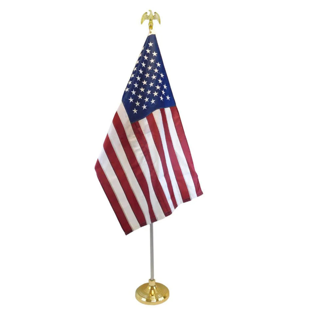 OnPoint Wares American USA Indoor Embroidery Flag Pole Kit with Base Stand and Gold American Eagle Topper Ornament