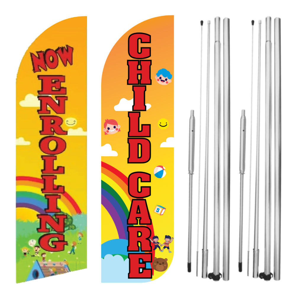Now Enrolling Child Care Windless Flag with Hybrid Pole Set Pack of 2