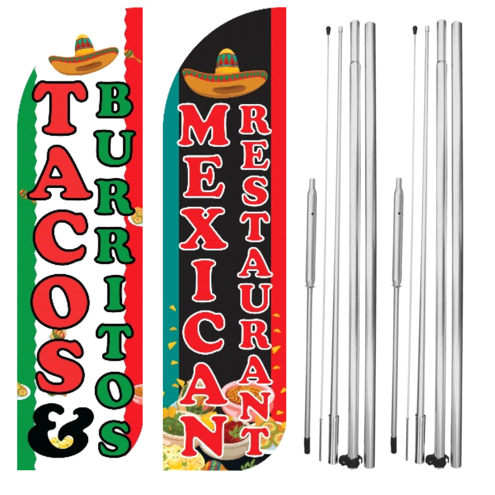 Tacos & Burritos Mexican Restaurant Windless Flag with Hybrid Pole Set Pack of 2